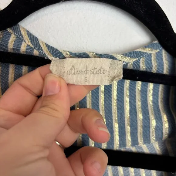 Altar'd State Striped Blue & Gold Metallic Peplum Blouse With Tassels Size S - Picture 4 of 7